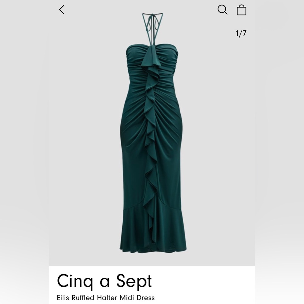Cinq A Sept - Ellis Ruffled Halter Midi Dress NWT size 8. emerald green.
